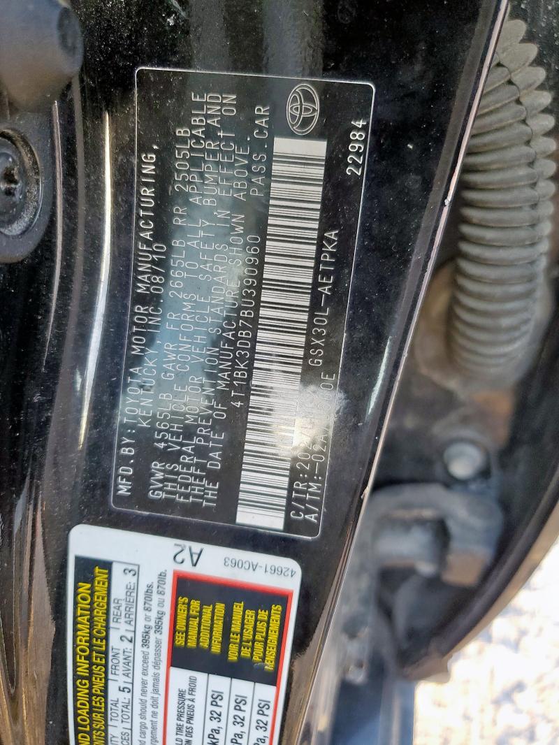 4T1BK3DB7BU390960 - 2011 TOYOTA AVALON BASE 黑色 照片 12