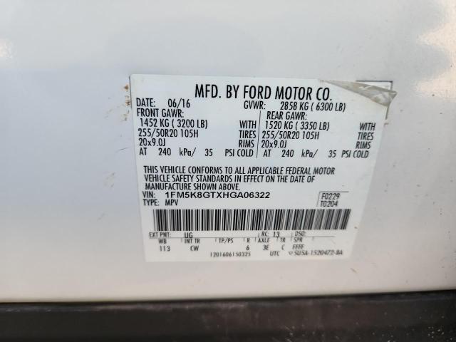 1FM5K8GTXHGA06322 - 2017 FORD EXPLORER SPORT Blanc photo 13