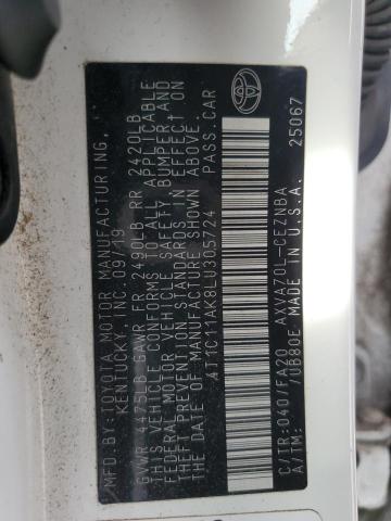 4T1C11AK8LU305724 - 2020 TOYOTA CAMRY LE თეთრი ფოტო 12