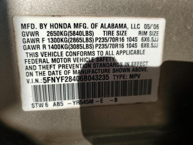 5FNYF28406B043235 - 2006 HONDA PILOT EX ბეჟი ფოტო 12