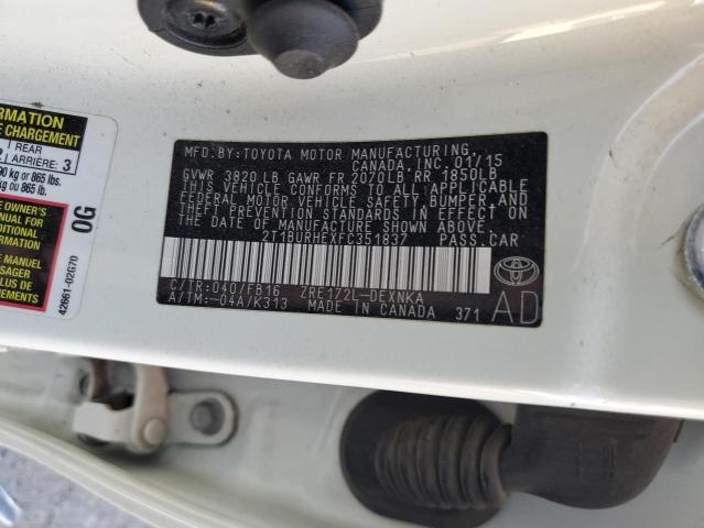 2T1BURHEXFC351837 - 2015 TOYOTA COROLLA L თეთრი ფოტო 12