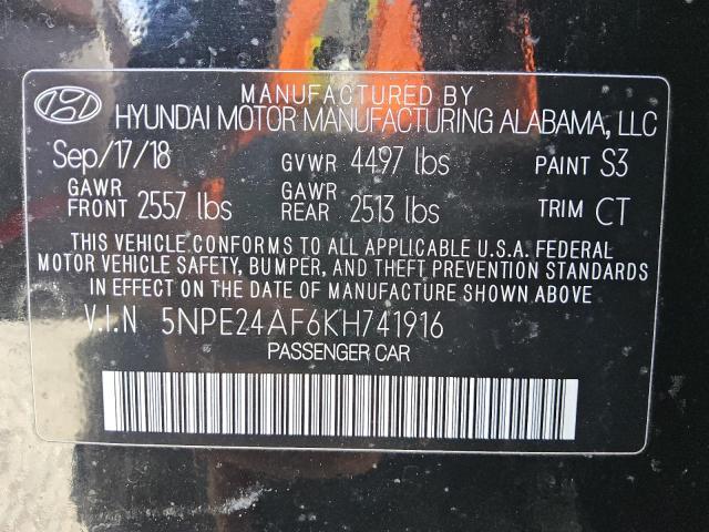 5NPE24AF6KH741916 - 2019 HYUNDAI SONATA SE შავი ფოტო 12