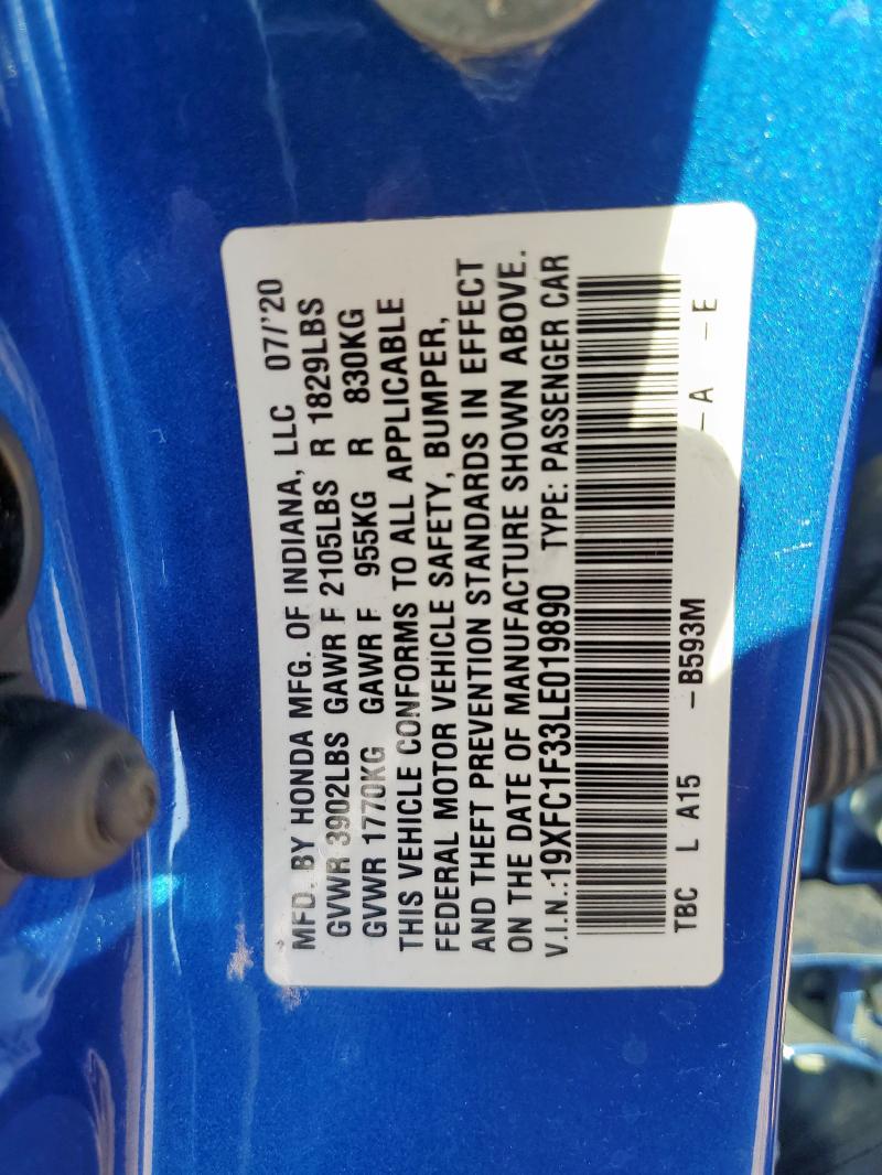 19XFC1F33LE019890 - 2020 HONDA CIVIC EX BLUE photo 12