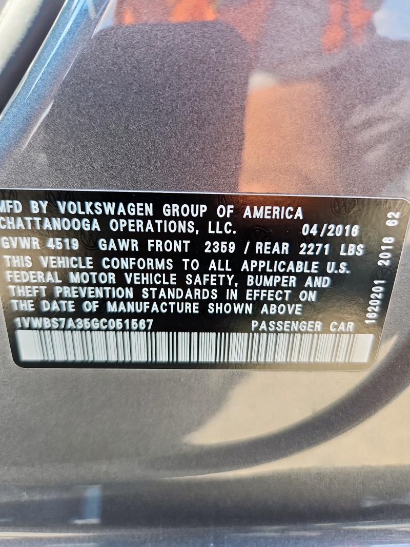 1VWBS7A35GC051567 - 2016 VOLKSWAGEN PASSAT SE ნაცრისფერი ფოტო 12