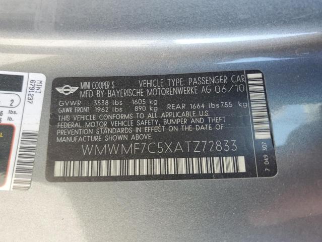 WMWMF7C5XATZ72833 - 2010 MINI COOPER S GRAY photo 12