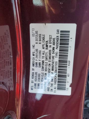 1HGCR3F83DA027535 - 2013 HONDA ACCORD EXL 勃艮第红 照片 12
