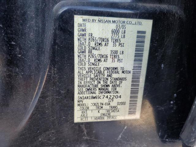 5N1AR18W65C742204 - 2005 NISSAN PATHFINDER LE შავი ფოტო 14