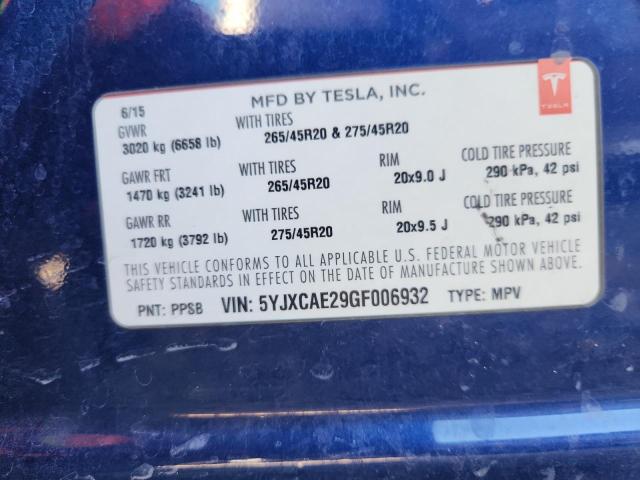 5YJXCAE29GF006932 - 2016 TESLA MODEL X 蓝色 照片 13