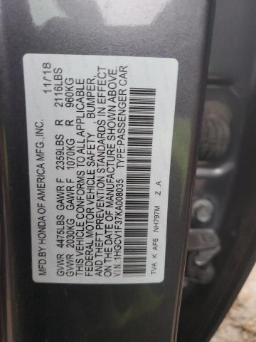 1HGCV1F37KA008035 - 2019 HONDA ACCORD SPORT Gris photo 13