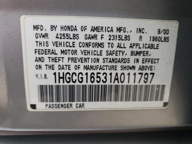 1HGCG16531A011797 - 2001 HONDA ACCORD EX ვერცხლისფერი ფოტო 12