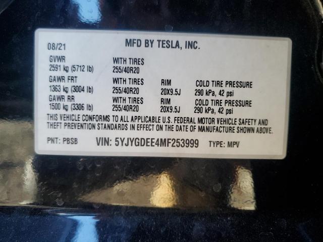 5YJYGDEE4MF253999 - 2021 TESLA MODEL Y Սև լուսանկար 14