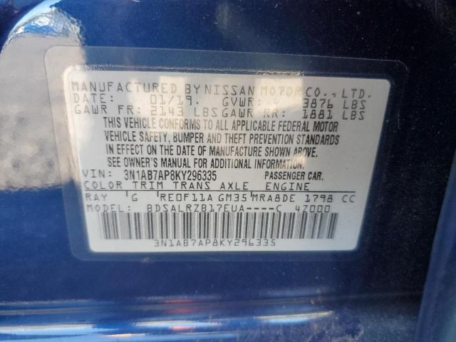 3N1AB7AP8KY296335 - 2019 NISSAN SENTRA S BLUE photo 12