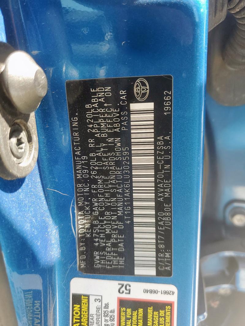 4T1G11AK6LU302595 - 2020 TOYOTA CAMRY SE BLUE photo 12