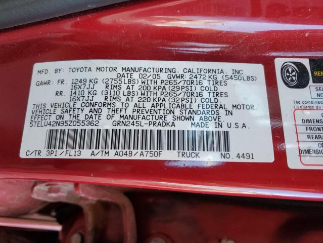 5TELU42N95Z055362 - 2005 TOYOTA TACOMA DOUBLE CAB 红色 照片 12