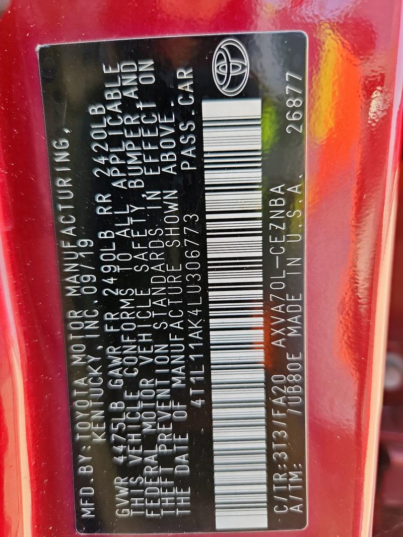 4T1L11AK4LU306773 - 2020 TOYOTA CAMRY LE MAROON photo 12