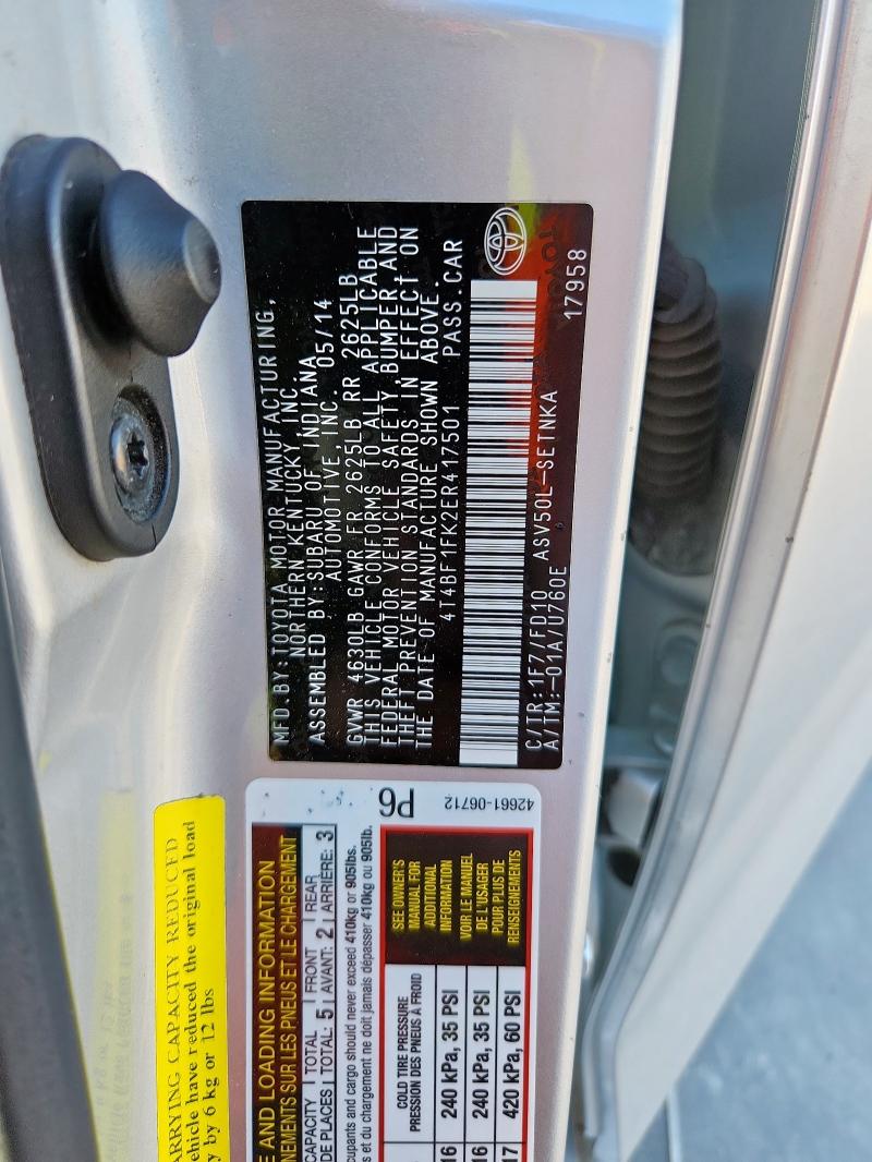4T4BF1FK2ER417501 - 2014 TOYOTA CAMRY L SILVER photo 12