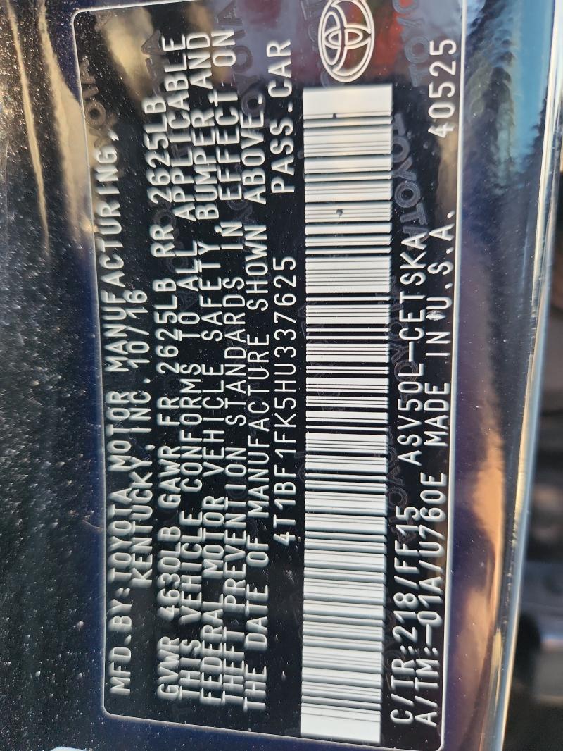 4T1BF1FK5HU337625 - 2017 TOYOTA CAMRY LE 黑色 照片 12