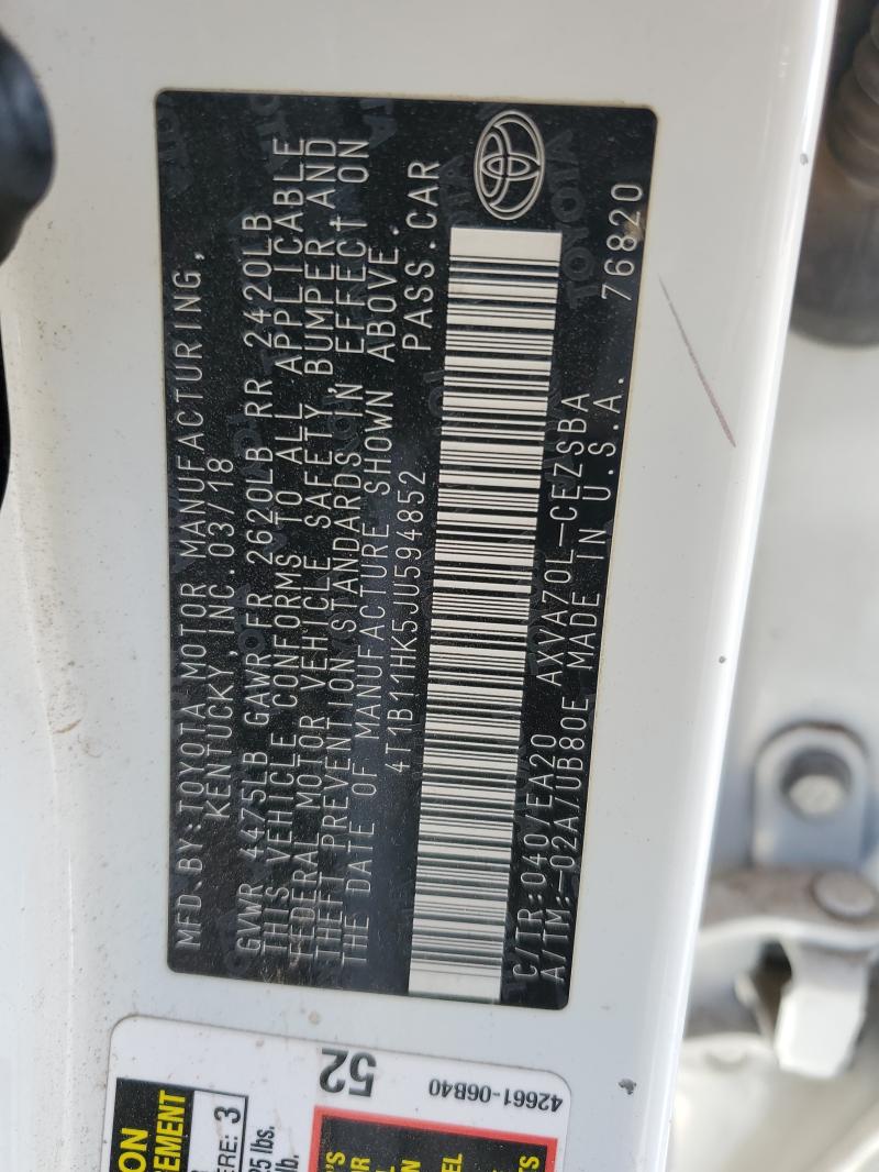 4T1B11HK5JU594852 - 2018 TOYOTA CAMRY L თეთრი ფოტო 12