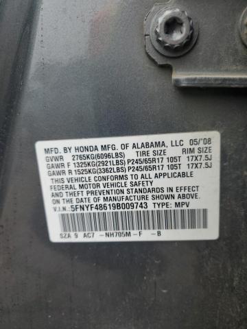 5FNYF48619B009743 - 2009 HONDA PILOT EXL GRAY photo 13