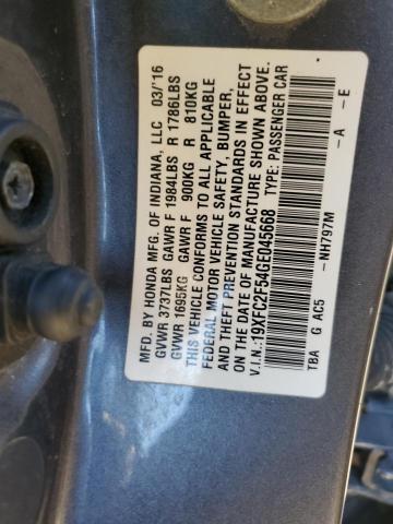 19XFC2F54GE045668 - 2016 HONDA CIVIC LX GRAY photo 12