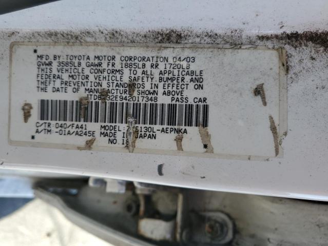 JTDBR32E942017348 - 2004 TOYOTA COROLLA CE WHITE photo 12