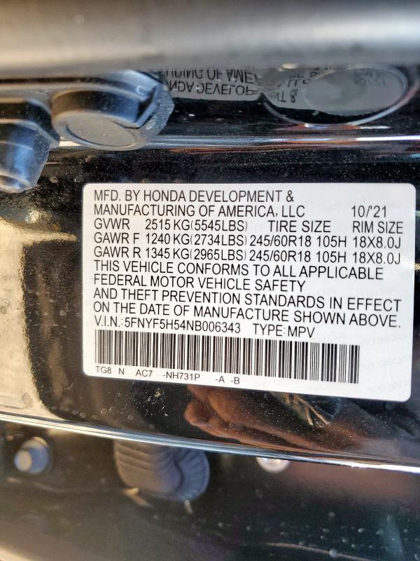 5FNYF5H54NB006343 - 2022 HONDA PILOT EXL BLACK photo 14