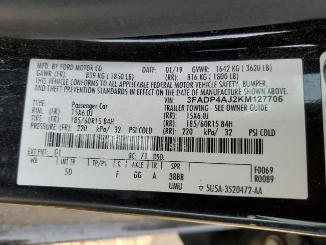 3FADP4AJ2KM127706 - 2019 FORD FIESTA S 黑色 照片 12