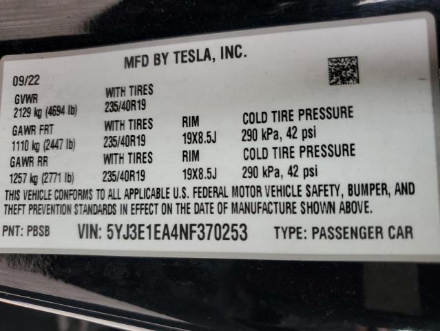 5YJ3E1EA4NF370253 - 2022 TESLA MODEL 3 Qara foto 12