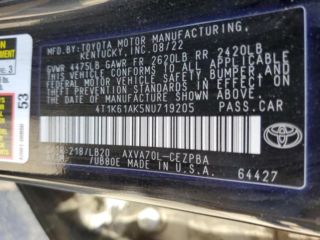 4T1K61AK5NU719205 - 2022 TOYOTA CAMRY XSE 黑色 照片 12