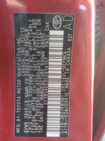 2T1BU4EEXCC814157 - 2012 TOYOTA COROLLA BASE Красный фото 12