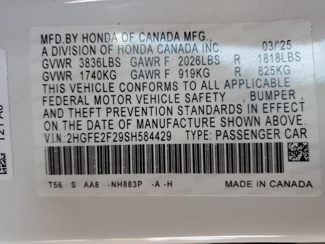 2HGFE2F29SH584429 - 2025 HONDA CIVIC LX 白色 照片 12