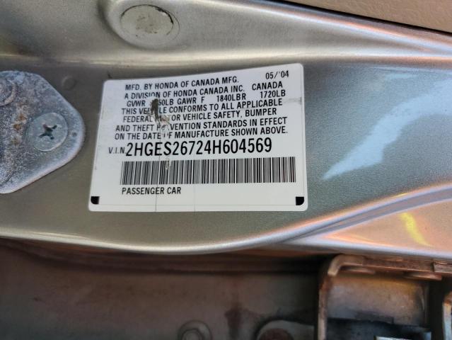 2HGES26724H604569 - 2004 HONDA CIVIC EX SILVER photo 12