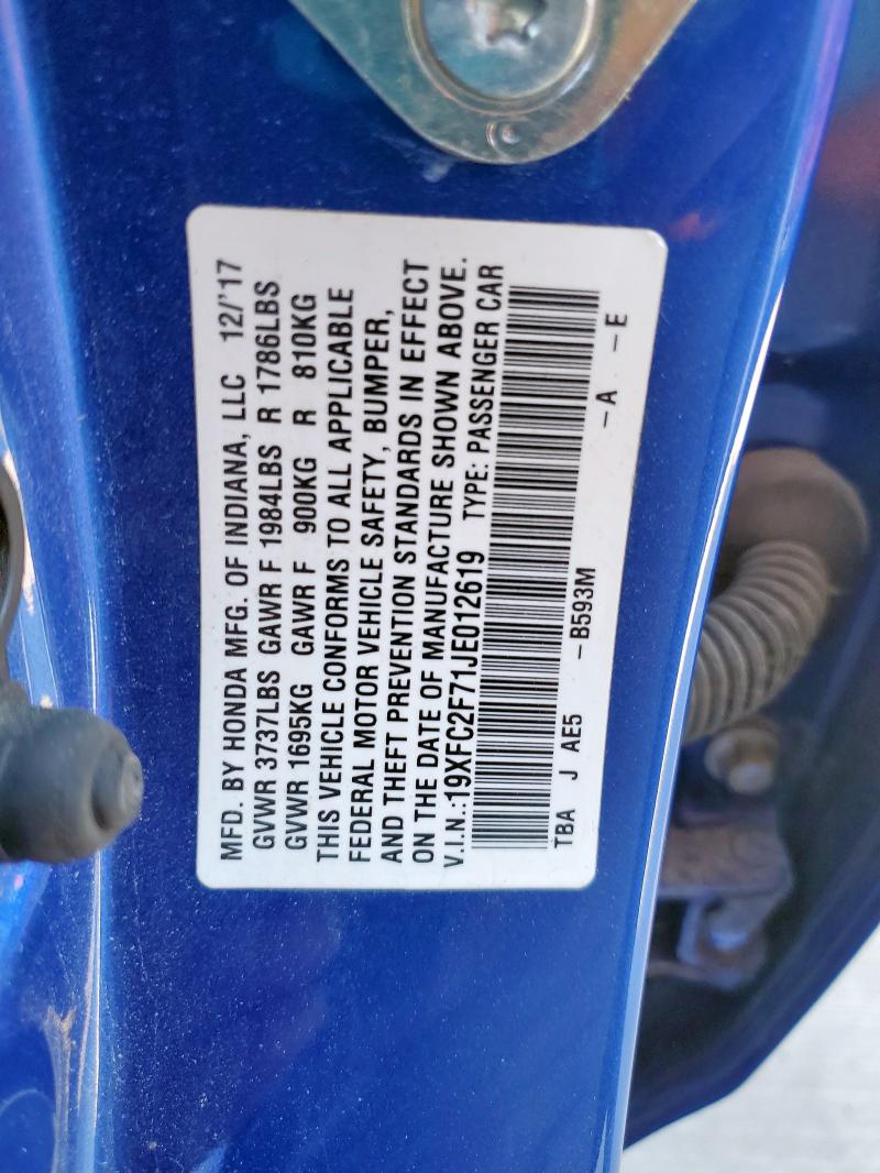 19XFC2F71JE012619 - 2018 HONDA CIVIC EX BLUE photo 12