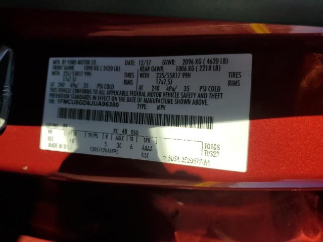 1FMCU0GD8JUA96380 - 2018 FORD ESCAPE SE Czerwony zdjęcie 13