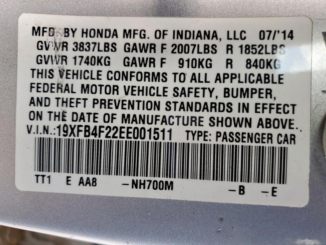 19XFB4F22EE001511 - 2014 HONDA CIVIC HYBRID Gümüş foto 12