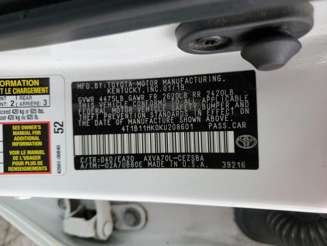 4T1B11HK0KU208601 - 2019 TOYOTA CAMRY L თეთრი ფოტო 13