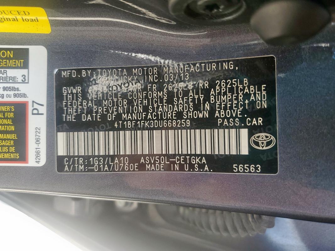 4T1BF1FK3DU668259 - 2013 TOYOTA CAMRY L GRAY photo 13