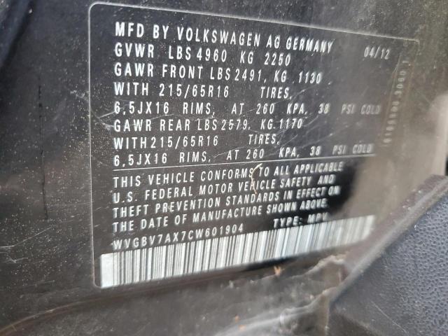 WVGBV7AX7CW601904 - 2012 VOLKSWAGEN TIGUAN S Negro foto 13