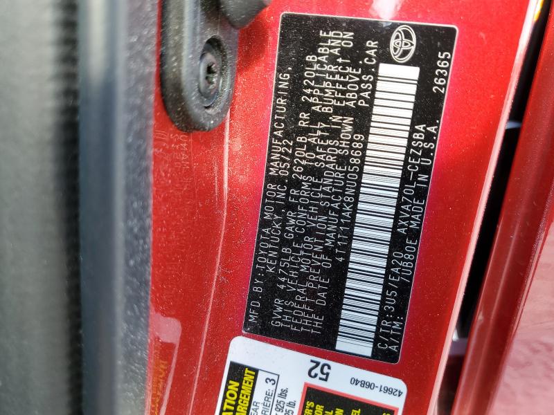 4T1T11AK8NU058689 - 2022 TOYOTA CAMRY SE Qırmızı foto 12