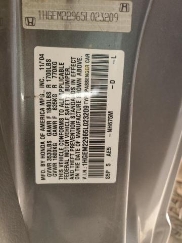 1HGEM22965L023209 - 2005 HONDA CIVIC EX GRAY photo 12