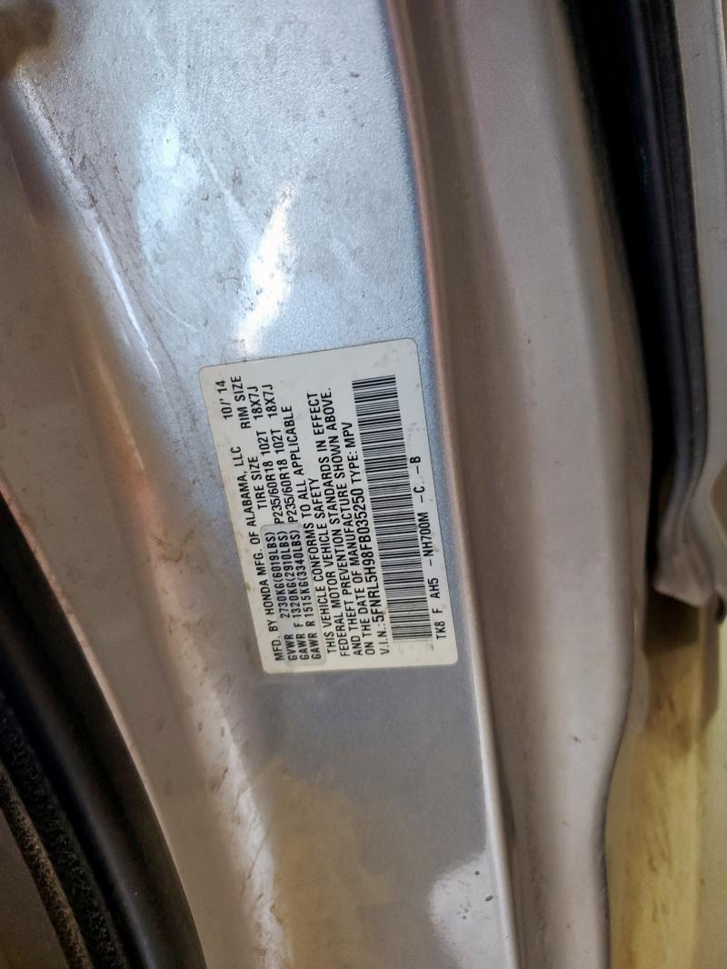 5FNRL5H98FB035250 - 2015 HONDA ODYSSEY TOURING ვერცხლისფერი ფოტო 13