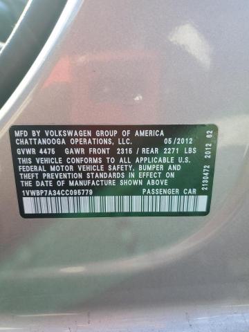 1VWBP7A34CC095779 - 2012 VOLKSWAGEN PASSAT SE Արծաթագույն լուսանկար 12