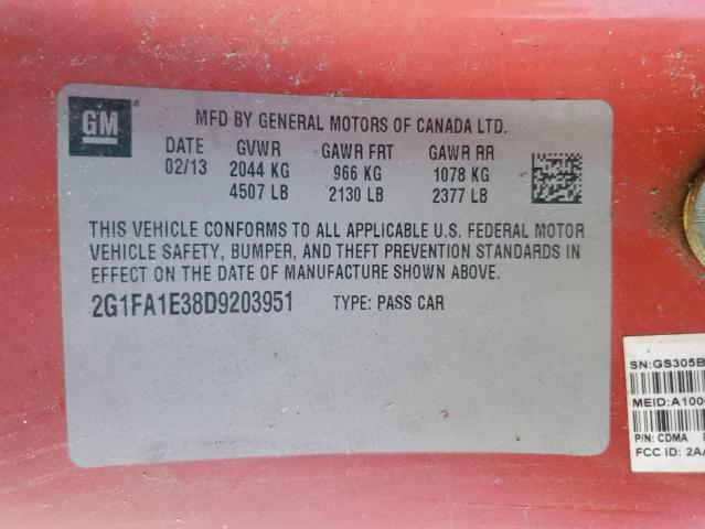 2G1FA1E38D9203951 - 2013 CHEVROLET CAMARO LS წითელი ფოტო 13