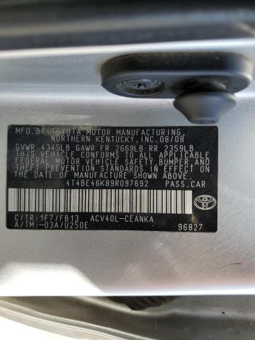 4T4BE46K89R097692 - 2009 TOYOTA CAMRY BASE SILVER photo 12