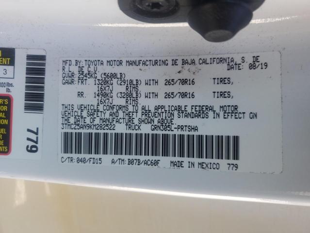 3TMCZ5AN9KM282522 - 2019 TOYOTA TACOMA DOUBLE CAB 白色 照片 12