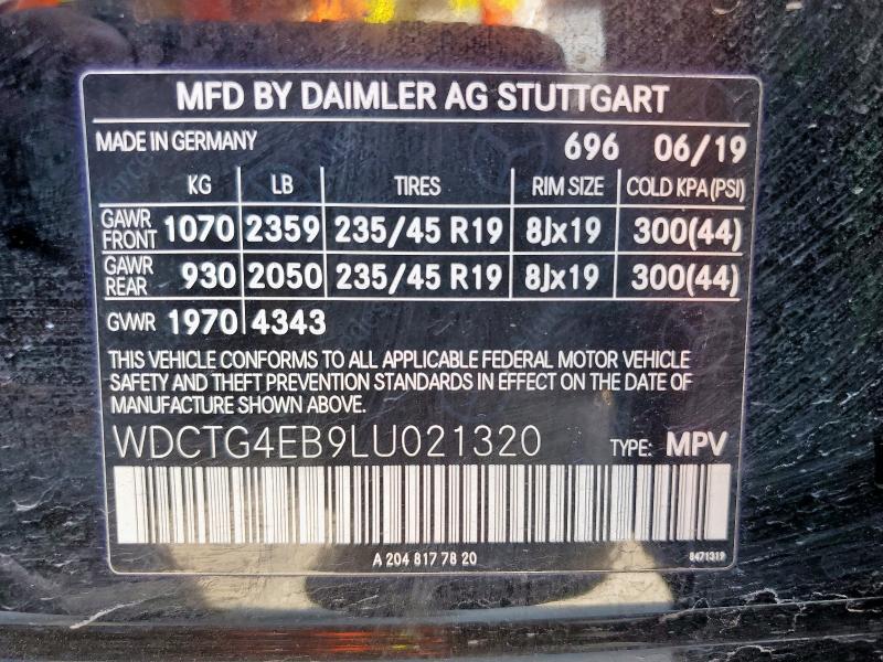 WDCTG4EB9LU021320 - 2020 MERCEDES-BENZ GLA 250 შავი ფოტო 13