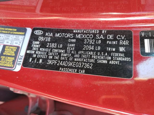 3KPF24AD9KE037362 - 2019 KIA FORTE FE 红色 照片 12