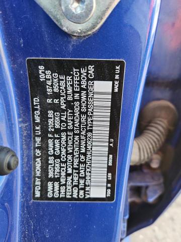 SHHFK7H70HU406239 - 2017 HONDA CIVIC EXL BLUE photo 13