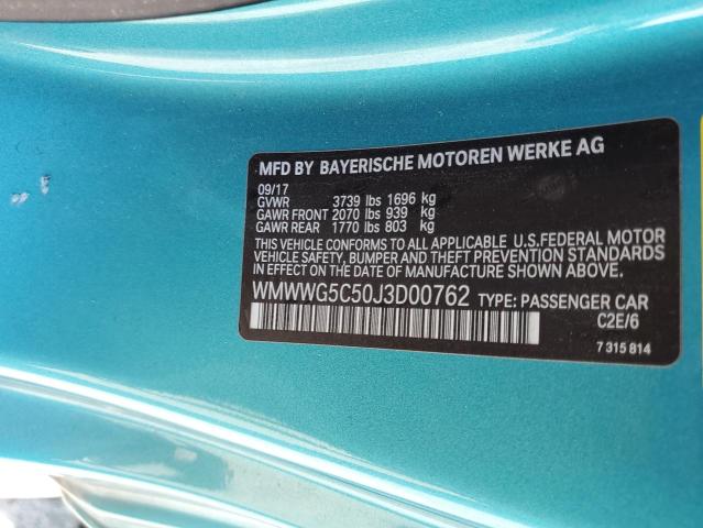 WMWWG5C50J3D00762 - 2018 MINI COOPER Turkusowy zdjęcie 12