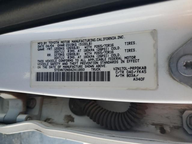 5TEHN72N94Z411893 - 2004 TOYOTA TACOMA DOUBLE CAB WHITE photo 13